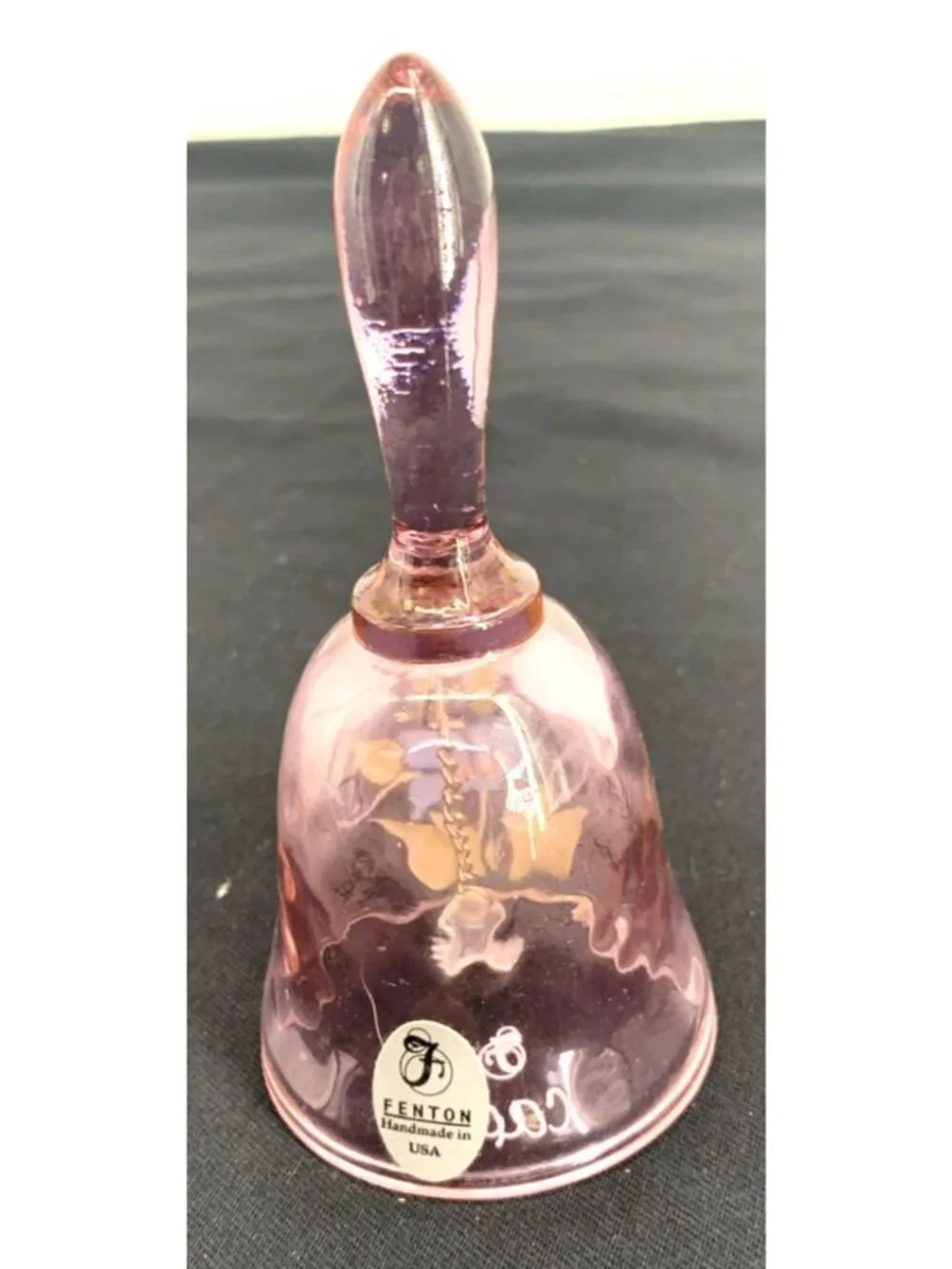 Fenton Iridescent Pink Hand Painted Butterfly Floral Glass Bell Signed 4.5
